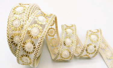 Nine Yards White Net Lace Trim Floral Embroidered With Gold Sequins, Sequinned Trim, Wedding Trim Bridal Trim